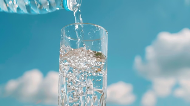 Pouring water from plastic bottle into glass under sky