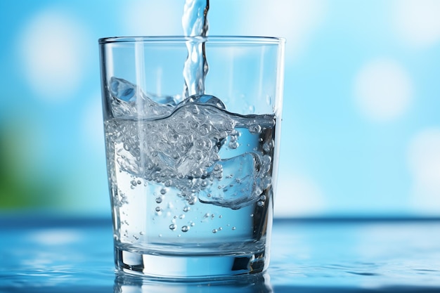 青い背景のガラスに水を注ぐ
