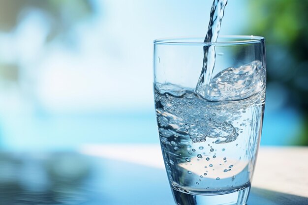 Pouring water into glass on blurred background closeup Space for text