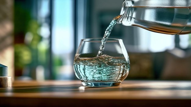 Pouring water into glass on table in cafe Space for text