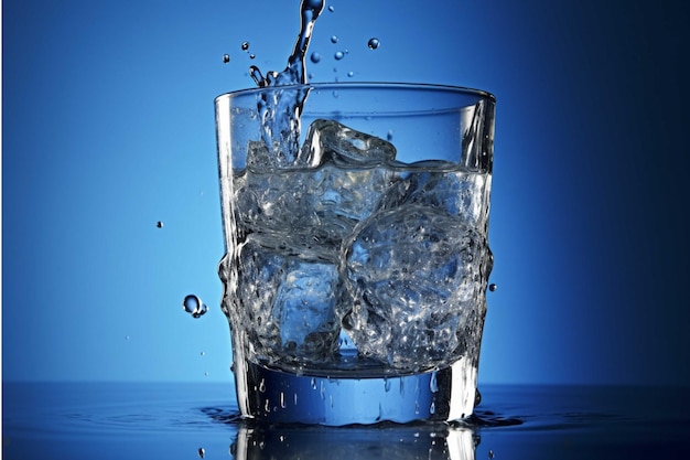 Pouring water into glass with ice cubes on blue background closeup
