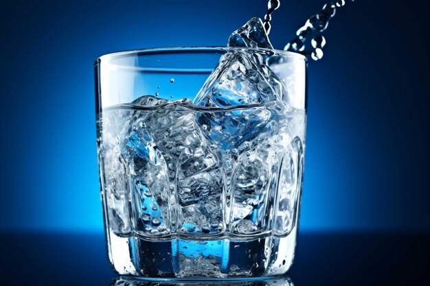 Наливание воды в стакан с кубиками льда на синем фоне