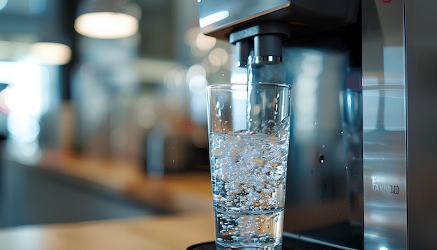 Photo pouring water into a transparent glass from a dispenser on a blurred office background