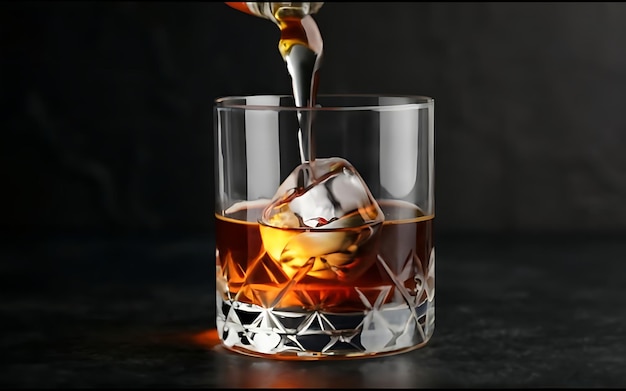 Pouring whiskey drink into glass on dark background