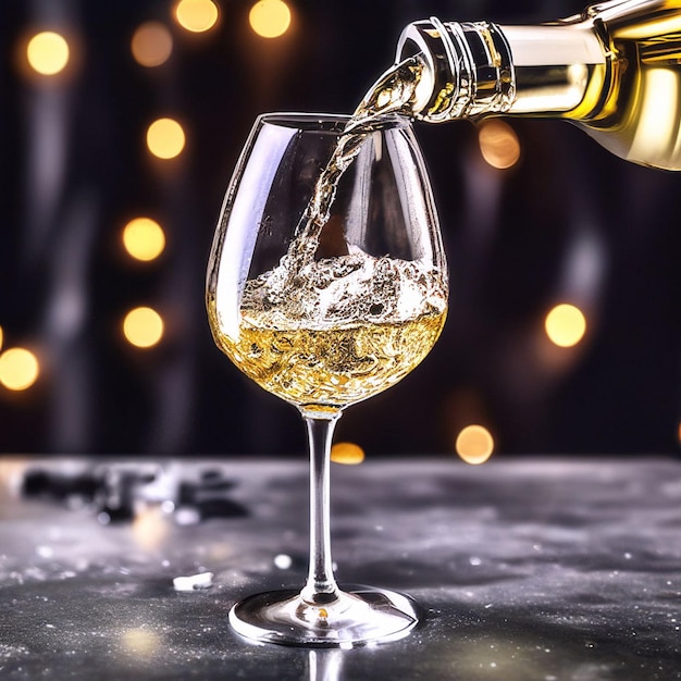 Pouring white wine into a glass against bokeh lights background