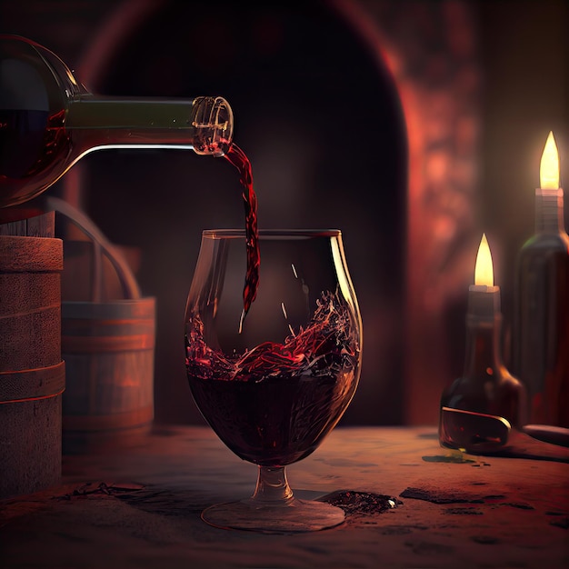 グラスにワインを注ぐ ワイングラスの動き 赤い飲み物のしぶき 抽象的な生成 AI イラスト