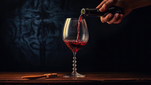 背景をぼかしたグラスにワインを注ぐ
