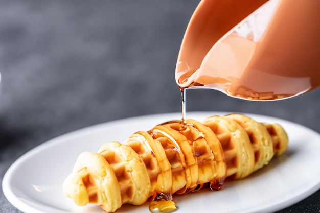 PouringmaplesyruptofreshcrispycrofflesCroissantaswaffletrendykoreandessertCloseup