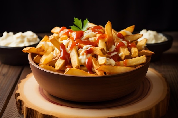 Poutine a Canadian dish of French fries topped with cheese curds and gravy Generative Ai