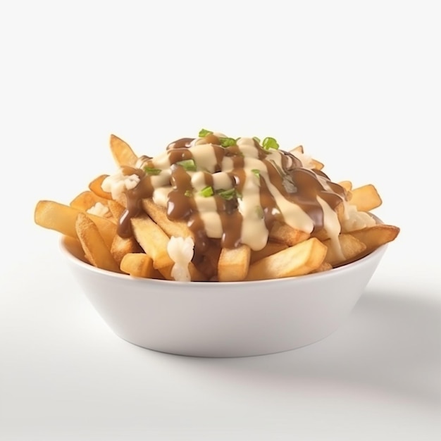 Poutine is een gerecht van gebakken aardappelen en kaasvlokken en gegarneerd met dikke jus die door AI is gegenereerd