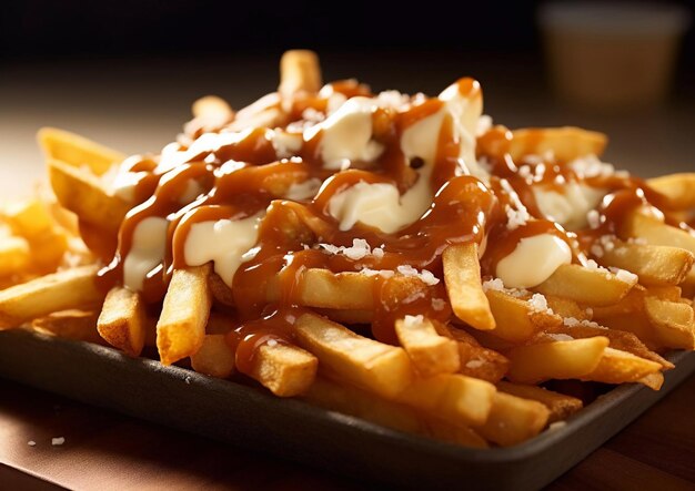 Foto poutine snack met friet en kaas en saus op de tafelai generative