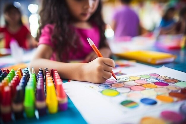 Pov bambino che dipinge un quadro con le forniture scolastiche bambino prescolare che dipinge bambino che disegna un arcobaleno