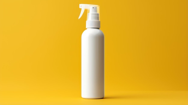 Pov close up photo of white spray bottle isolated mockup on Yellow background with copy space