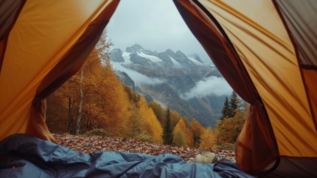 Pov from a camping tent scenic view of the mountains in the autumn