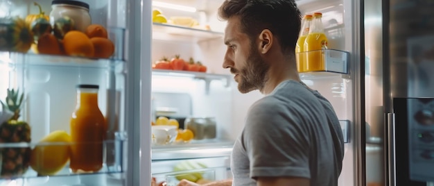 Photo the pov shot of a refrigerator full of healthy food is from inside the kitchen a handsome man opens the refrigerator door and thinks about taking out yogurt