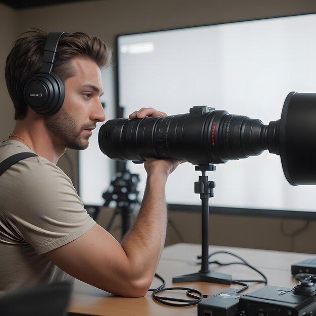 Foto pov van een mannelijke influencer die een podcast-episode opneemt met behulp van geluidsapparatuur in studio portrai
