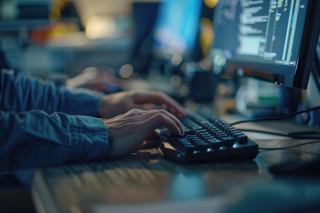 POV van een QA-ingenieur die op het toetsenbord tikt terwijl hij een computer gebruikt op de werkplek in de kopieerruimte van het kantoor