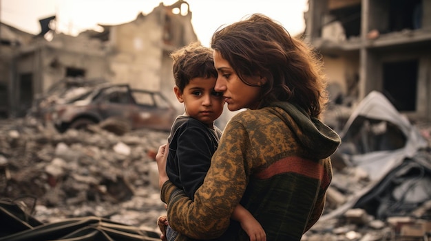 Бедность и нищета на лице детей Грустный маленький ребенок Город беженцев разрушен бомбами или землетрясением