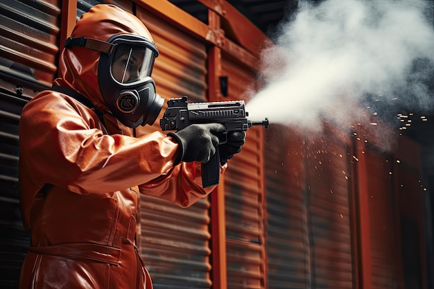 Powder Coating Woman Spraying Protective Paint on Metal Parts in Construction Factory Setting