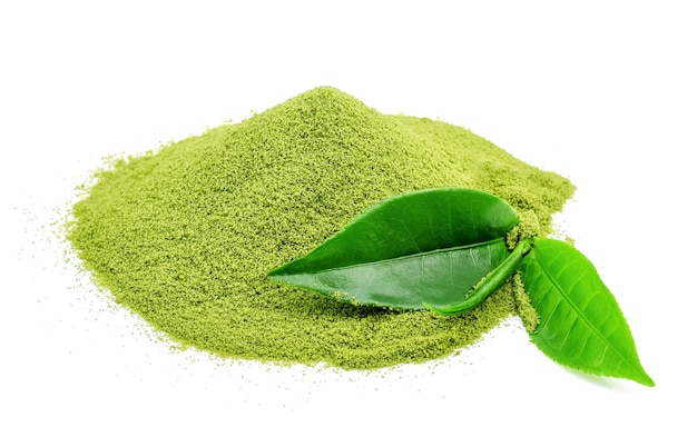 Powder green tea and green tea leaf on white background