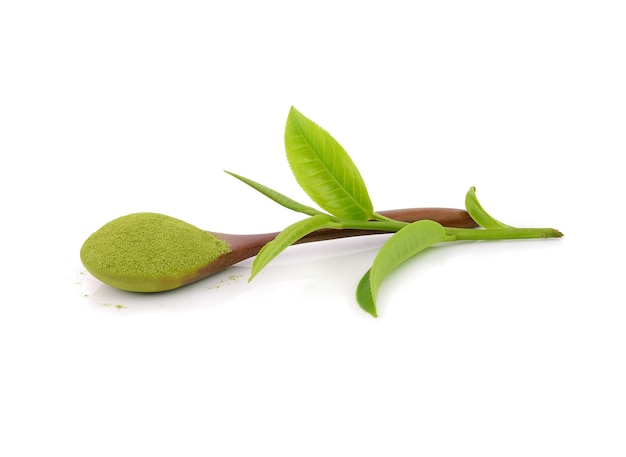 Powder green tea with green tea leaf.