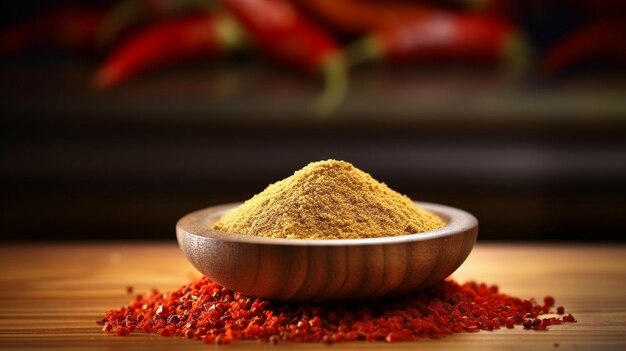 Photo powder pepper in wood bowl on wooden