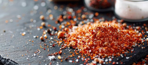 Photo powder and sauce sprinkled on a slate table at close range