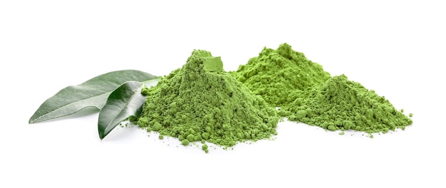 Powdered matcha tea on white background