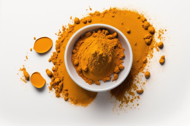 Powdered turmeric curcumin in a flat lay position with a white background