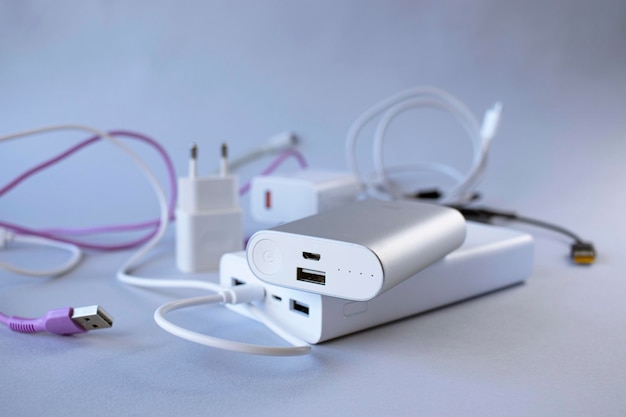 Power bank external battery and usb wire on the table