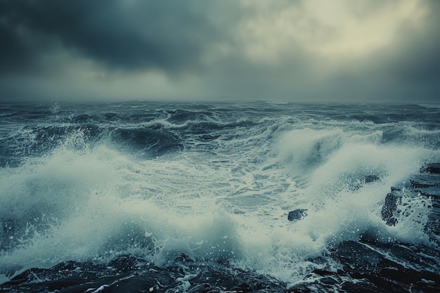 the power and beauty of stormy sea weather with dramatic waves crashing against the shore