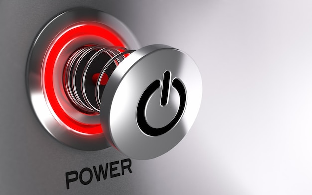 power button of a computer hanged at the end of a spring with red light. concept image suitable for computer maintenance or hardware failure. 3d render with depth of field effect