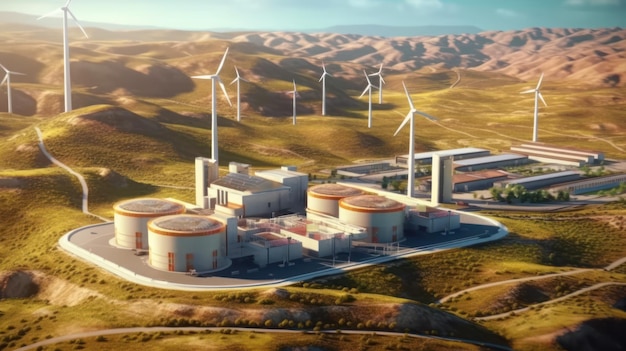 Power generation facilities located among high hills It emphasizes clean energy generation with wind turbines and solar panels Created with Generative AI