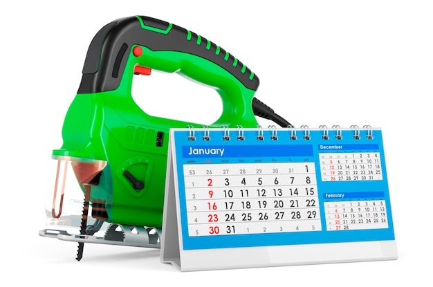 Power jigsaw with desk calendar 3D rendering