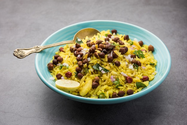 Power Kabuli Chana Poha or Protein Rich Choley Pohe, Popular Maharashtrian, Indian breakfast recipe, selective focus