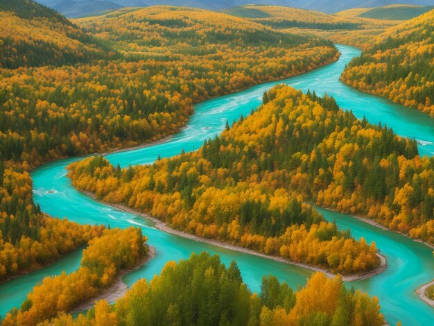 Фото Река катан с зелеными осенними деревьями