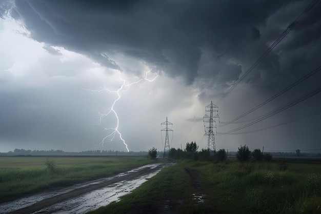 Power line breakage in stormy weather with lightning and thunder