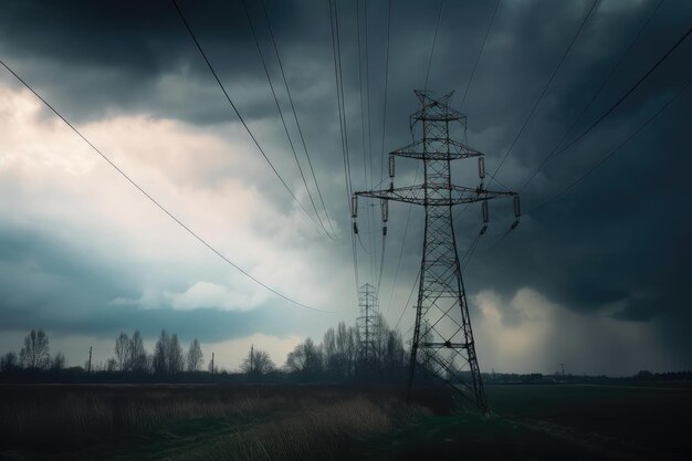 嵐の空を背景にした送電線の断線は、突然の予期せぬ変化を象徴しています