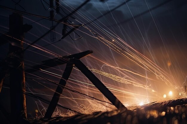 Power line breaks and sparks on metal plate in the night sky
