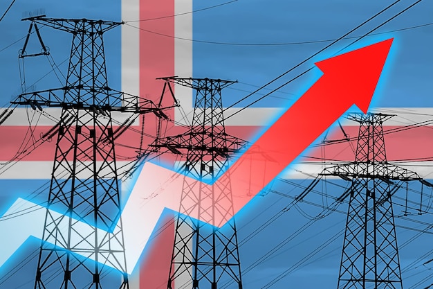 電力線とアイスランドの国旗 エネルギー危機 世界的なエネルギー危機の概念