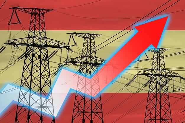 Power line and flag of spain energy crisis concept of global\
energy crisis