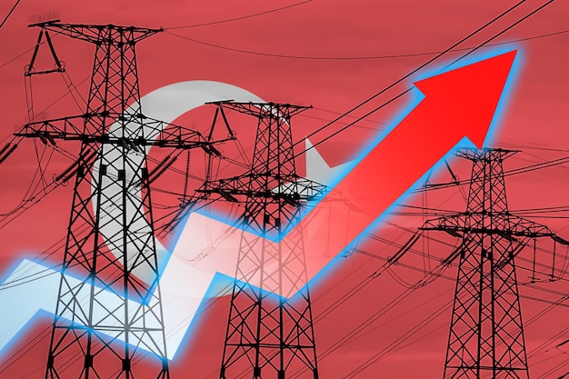 Power line and flag of Turkey Energy crisis Concept of global energy crisis