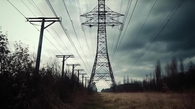 A power line is shown in a dark and cloudy sky.