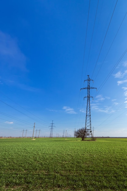 光を運ぶサポートの架空送電線を通過する電力線の夏の風景と