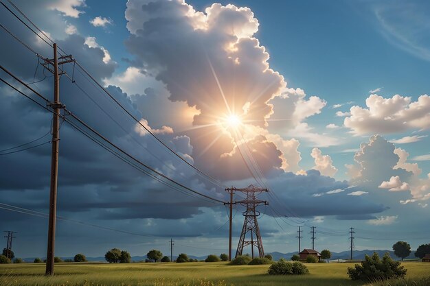 Power line summer landscape passing overhead electricity wire of the support carrying the light