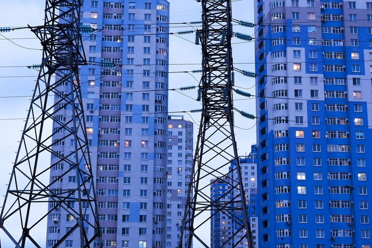 Power line supports against the background of multi-storey apartment buildings in the evening lighting