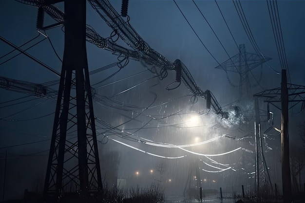 Power line with broken insulators and electrical sparks flying in stormy weather