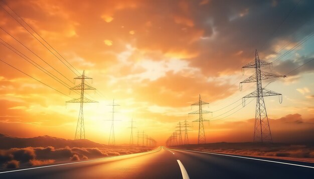 Power lines by the road at sunset