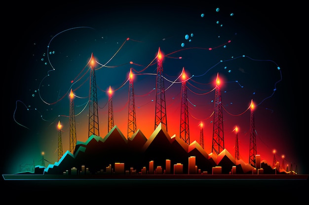 Линии электропередач и город Диаграмма роста Абстрактная концепция электроэнергии и ее цены ИИ