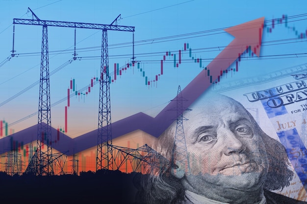 Power lines and rising up arrow Energy crisis in world Price increase of electricity consuptionfor home and industry Increasing demand or shortage of electricity concept